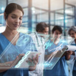 Doctor, woman and tablet in hospital with holographic ux for telehealth, medical innovation and dna study. Medic, mobile touchscreen for typing on app for data analysis, 3d hologram ui and research