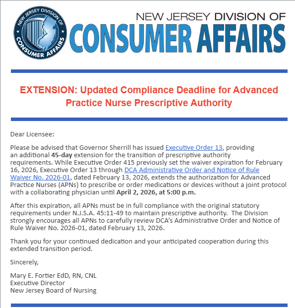 EXTENSION: Updated Compliance Deadline for Advanced Practice Nurse Prescriptive Authority